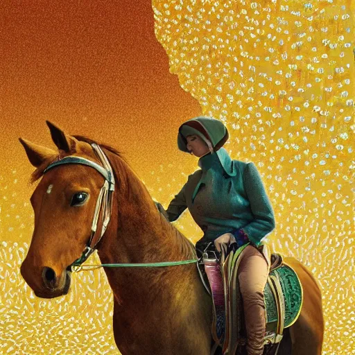 Prompt: young woman on horse, hyperrealistic, volumetric golden dappled dynamic lighting, highly detailed, sharp focus, artwork by victo ngai, magazine collage art