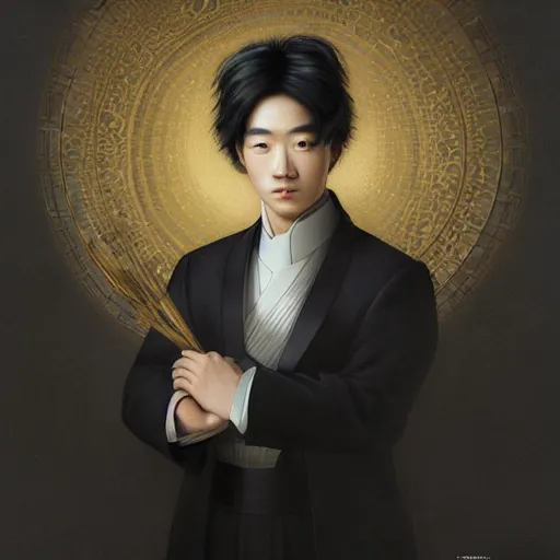 Image similar to a portrait of a young handsome Chinese prince, long black hair, golden eyes, elegant, intricate, backlit, incredible lighting, strong rim light, subsurface scattering, epic beautiful landscape, cherry trees, highly detailed, god rays, digital painting, by Heise Jinyao, Heise-Lian Yan Fang, Feimo, Rossdraws, HDRI, vivid colors, high contrast, 8k resolution, photorealistic