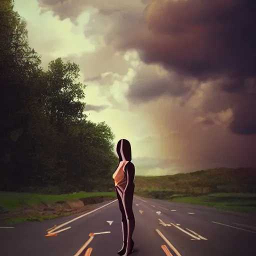 Prompt: a fashion model, creative, brown skin, digital art, photo manipulation, colossal, artstation, standing, giant, road,