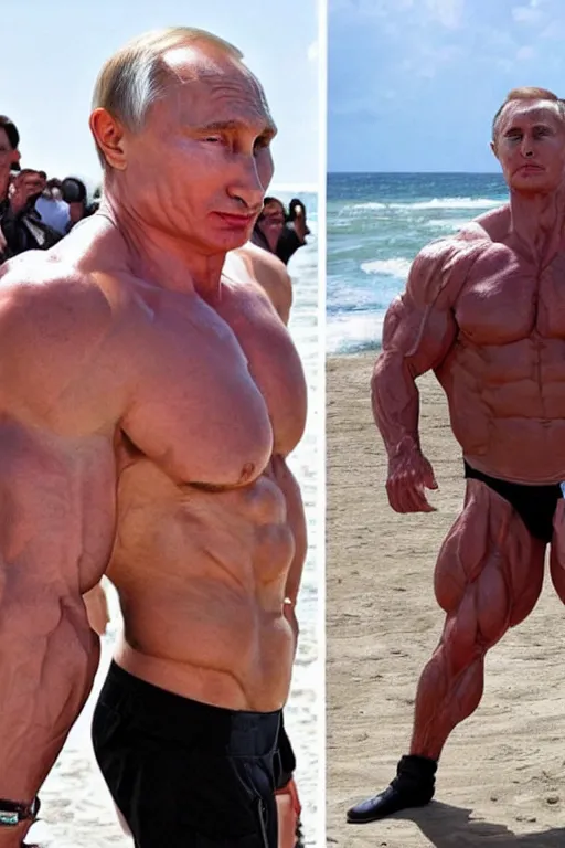 Image similar to Putin on a beach with muscles, full character, hyper realistic, highly detailed