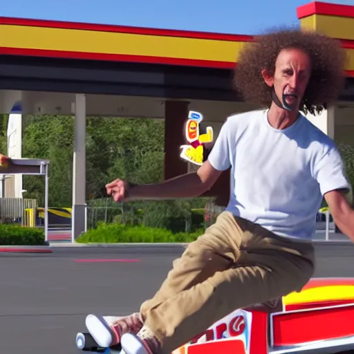 Image similar to kenny g skateboarding in a burger king parking lot, epic, cinematic, realism, ultra detailed, 8 k