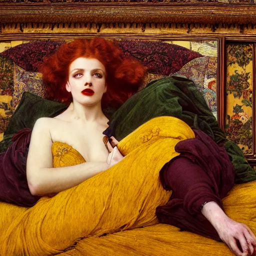 Image similar to preraphaelite photography reclining on bed, a hybrid of judy garland and lady gaga, aged 2 5, big brown fringe, yellow ochre ornate medieval dress, charles sillem lidderdale, john william waterhouse, kilian eng, rosetti, john everett millais, william holman hunt, william morris, 4 k