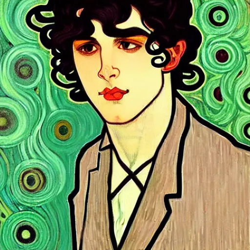 Prompt: painting of handsome beautiful dark medium wavy hair man in his 2 0 s named shadow taehyung at the cucumber soup party, elegant, clear, painting, stylized, delicate, soft facial features, art, art by alphonse mucha, vincent van gogh, egon schiele
