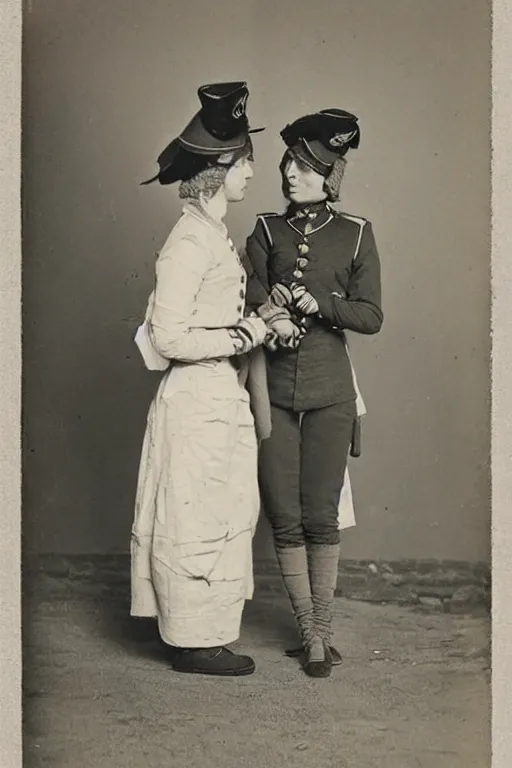 Prompt: two women soldiers in uniform gossiping, 1800s, photograph