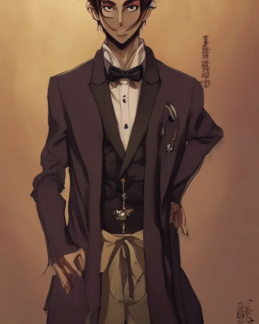 Image similar to an anime portrait of doctor bob as a beautiful man wearing a tuxedo from skyrim, by stanley artgerm lau, wlop, rossdraws, james jean, andrei riabovitchev, marc simonetti, and sakimichan, trending on artstation