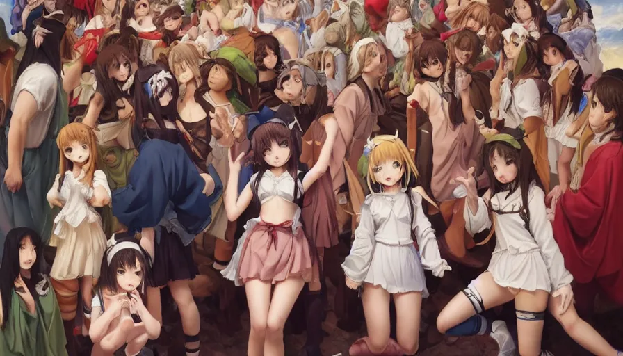 Image similar to jesus christ surrounded by cute anime girls, photorealistic, anime, mini skirt, neko, cat ears, renaissance painting, hyper real, detailed, wide angle shot, ultra detailed