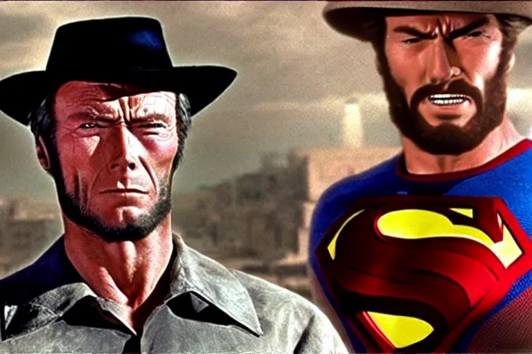 Image similar to clint eastwood as superman in the good the bad and the ugly