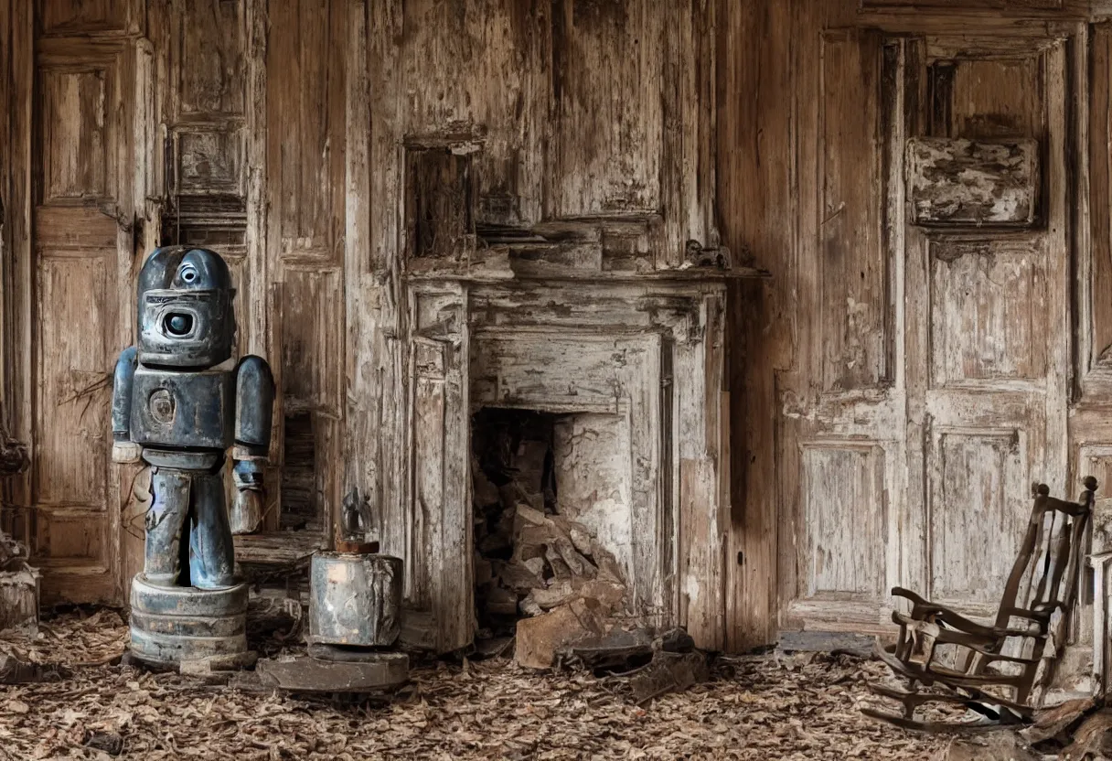 Image similar to A lonely robot sitting on a aged wooden rocking chair in front of a single beautiful fireplace in a dilapidated Victorian home