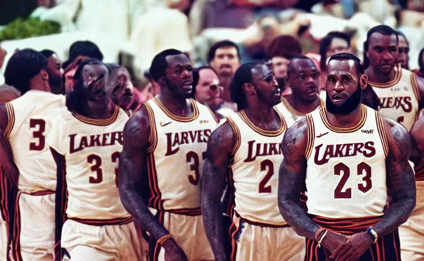 Prompt: 70s movie still of Lebron James leading his troops, by Irving Penn , Cinestill 800t 10mm Eastmancolor, heavy grainy picture, very detailed, high quality, 4k, HD criterion, precise texture