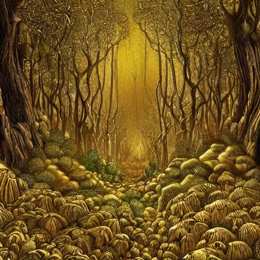 Image similar to a beautiful forest made of ivory and gold, highly intricate, digital art, very detailed, in the style of a weird and dark art noveau flemish painting