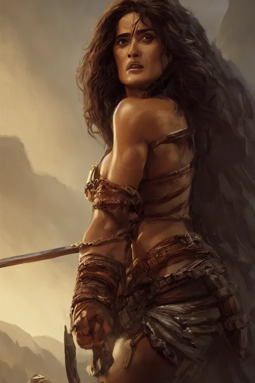 Image similar to portrait, Salma Hayek , barbarian , face portrait, raphael lacoste, eddie mendoza, alex ross, concept art, matte painting, highly detailed, rule of thirds, dynamic lighting, cinematic, detailed, denoised, centred