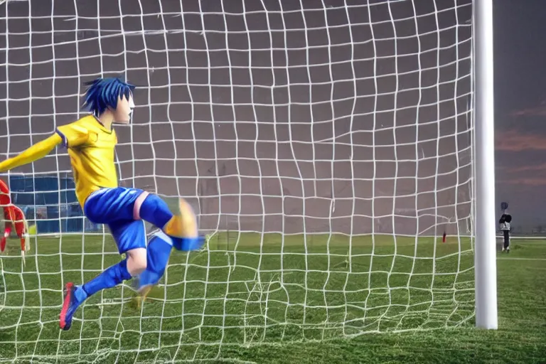 Prompt: anime soccer player scores goal with bicycle kick, hyperrealism