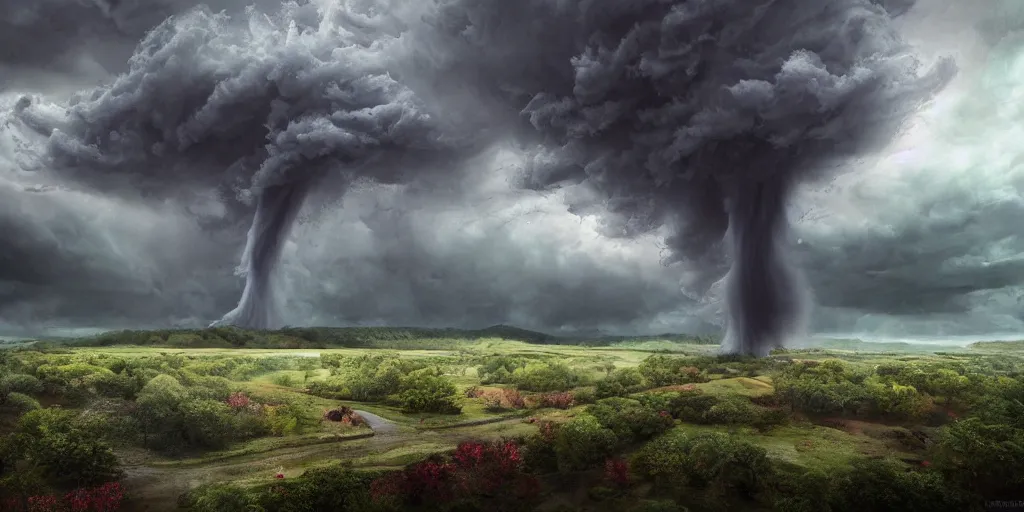 Image similar to A tornado in a beautiful scenic landscape, nature, trees, wide angle, super highly detailed, professional digital painting, artstation, concept art, smooth, sharp focus, no blur, no dof, extreme illustration, Unreal Engine 5, Photorealism, HD quality, 8k resolution, cinema 4d, 3D, beautiful, cinematic, art by artgerm and greg rutkowski and alphonse mucha and loish and WLOP