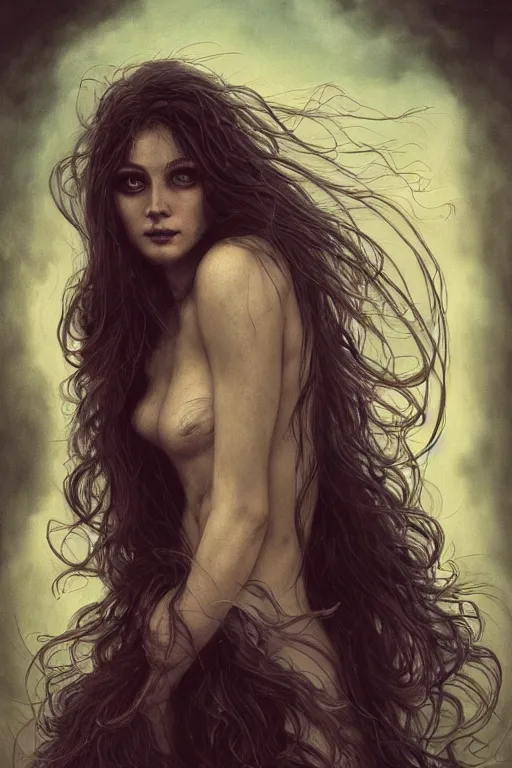 Prompt: A beautiful long-haired banshee with a human face, a fish body, and bird wings, dark fantasy, cinematic lighting, intricate, elegant, highly detailed, digital painting, artstation, smooth, sharp focus, illustration, art by artgerm and greg rutkowski and zdislav beksinski and alphonse mucha and Wayne Barlowe and william-adolphe bouguereau