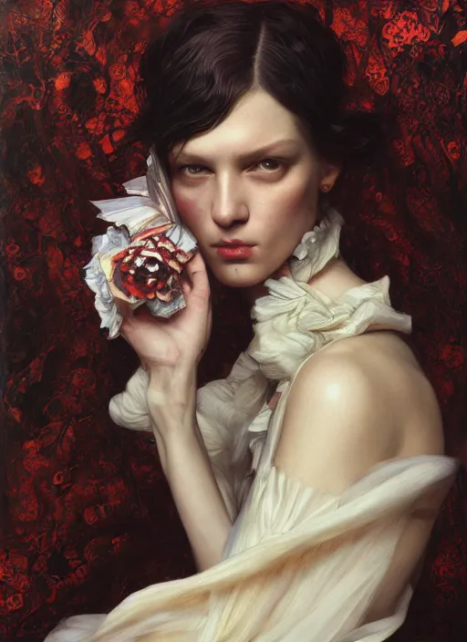 Prompt: highly detailed oil painting | very intricate | cinematic lighting | award - winning | waratah fashion by alexander mcqueen | by roberto ferri, by tom bagshaw, by j. c. leyendecker and klimt, american romanticism, by austin osman spare, artstation, cgsociety, official art, octane