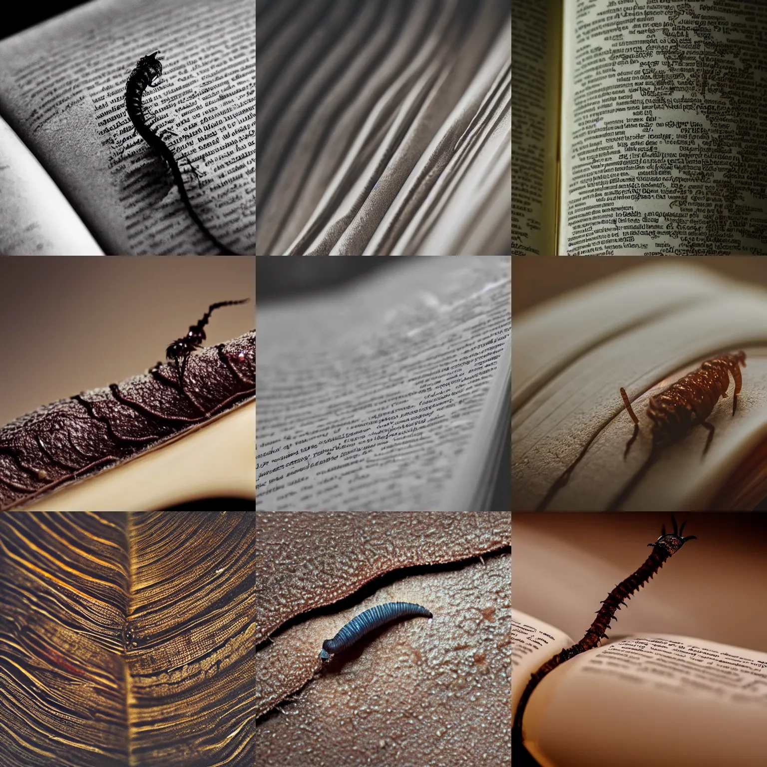 Prompt: macro photo of a worm that has pages like a book looking enigmatic