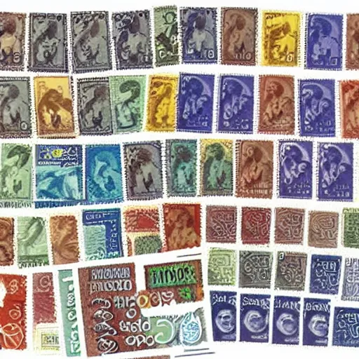 Image similar to stamps from a alternate dimension, stamp collection, eerie