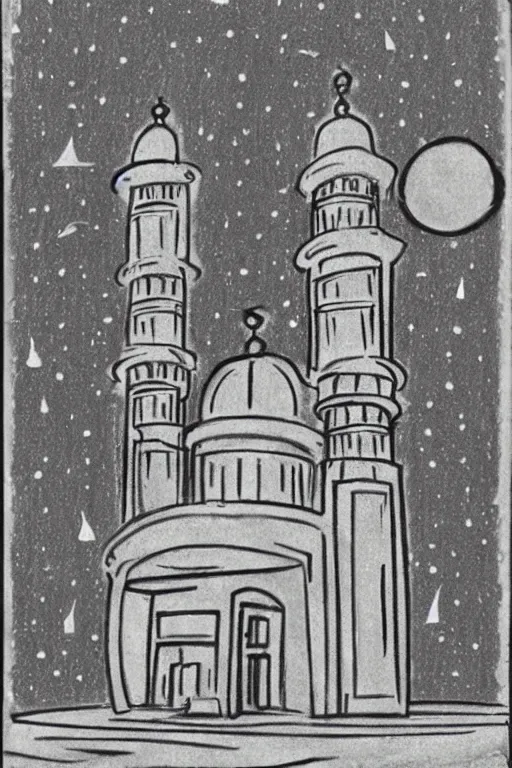 Image similar to a mosque in space in the style of a rough charcoal sketch