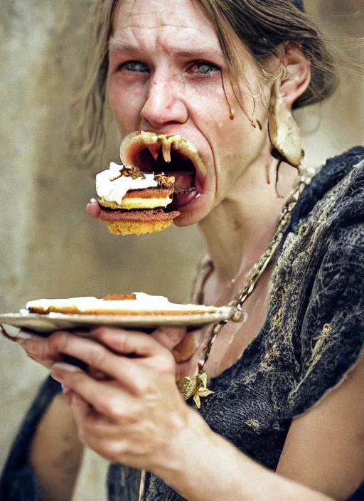 Image similar to closeup portrait of a medieval goblin eating cakes in the cloisters, depth of field, zeiss lens, detailed, symmetrical, centered, fashion photoshoot, by Annie Leibovitz and Steve McCurry, David Lazar, Jimmy Nelsson, Breathtaking, 8k resolution, extremely detailed, beautiful, establishing shot, artistic, hyperrealistic, beautiful face, octane render