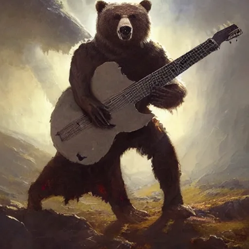 Image similar to realistic bear playing futuristic minimalistic axe-shaped guitar, fantasy character portrait by Greg Rutkowski, Craig Mullins, Gaston Bussiere