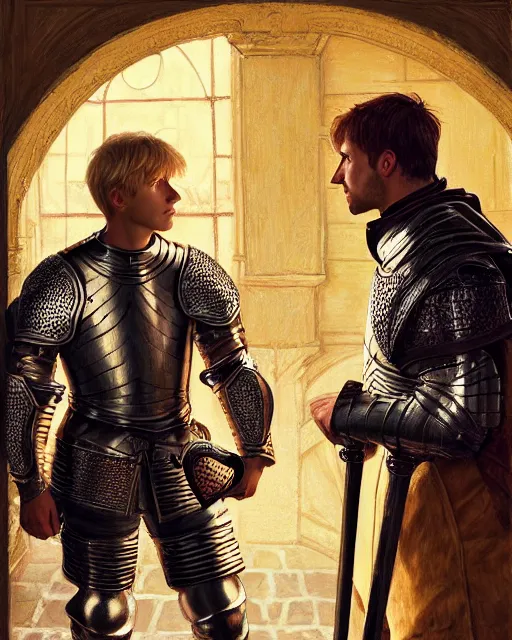 Prompt: attractive arthur pendragon confesses his love to his attractive male knight, they are close to each other, in a quiet moment, informal cloths, highly detailed, very intricate, cinematic lighting, by donato giancola and rossdraws and magali villenueve, featured on artstation