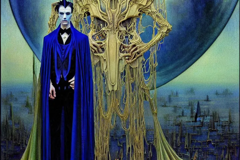 Image similar to realistic extremely detailed portrait painting of an elegantly creepy vampire man in a cape, futuristic sci-fi castle on background by Jean Delville, Amano, Yves Tanguy, Alphonse Mucha, Ernst Haeckel, Edward Robert Hughes, Roger Dean, rich moody colours, blue eyes