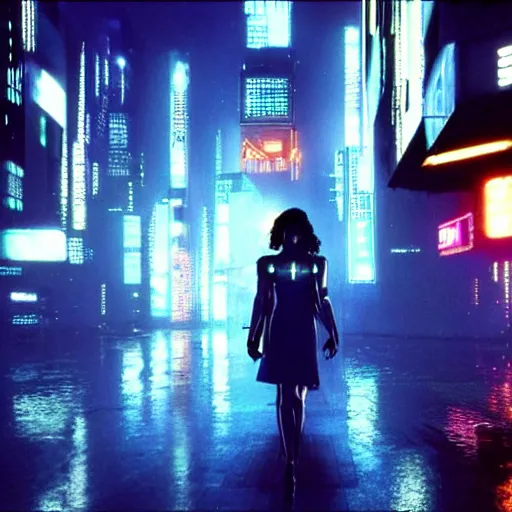 Prompt: jennifer connelly starring in a cyberpunk movie in a distopic futuristic city in the style of bladerunner, movie still, highly detailed, rainy night, volumetric lights, dramatic, scifi