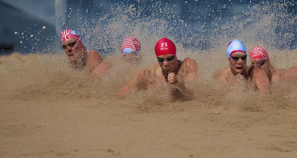 Image similar to olympic swimming in sand instead of water, extremely coherent, motion blur