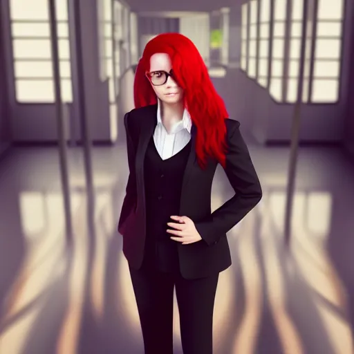 Image similar to photo of a woman with red hair wearing a formal slightly open formal business suit, trending on instagram, full body, ultra - hd, hcl, 1 2 - bit, ar, volumetric lighting, opaque, optics, lumen reflections, vfx, insanely detailed and intricate, super detailed