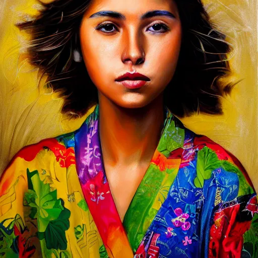 Prompt: stunning, breathtaking, awe - inspiring award - winning concept art portrait painting by steve mccurry of a beautiful young blonde latina woman with short, wavy hair, wearing a colorful yukata