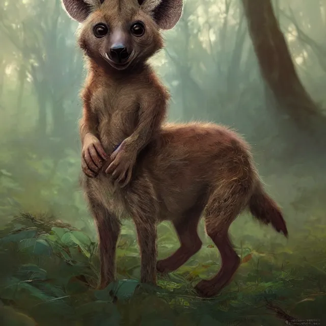 Image similar to a beautiful painting of a cute brown baby hyena in a forest. disney character design by cory loftis, fenghua zhong, ryohei hase, ismail inceoglu and ruan jia. artstation, volumetric light, detailed, photorealistic, rendered in octane