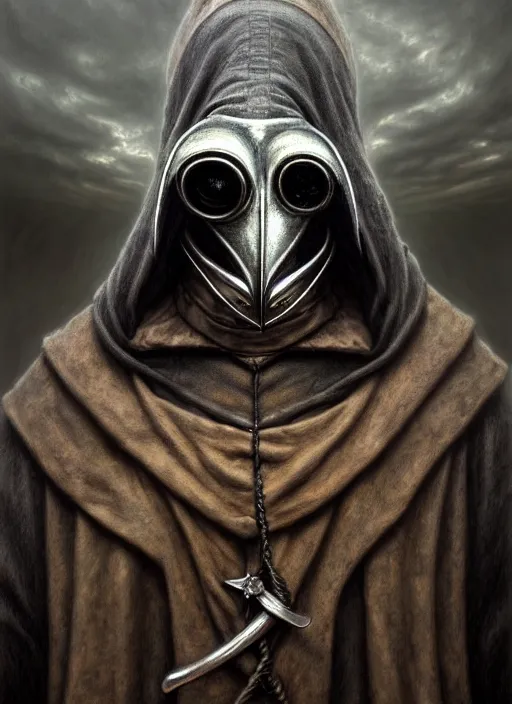 Image similar to closeup portrait shot of a plague doctor in a scenic dystopian environment, intricate, elegant, highly detailed, centered, digital painting, artstation, concept art, smooth, sharp focus, illustration, artgerm, tomasz alen kopera, peter mohrbacher, donato giancola, joseph christian leyendecker, wlop, boris vallejo