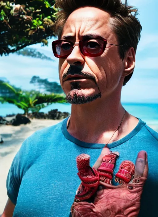 Image similar to a full portrait photo of robert downey jr holiday in bali, f / 2 2, 3 5 mm, 2 7 0 0 k, lighting, perfect faces, award winning photography.