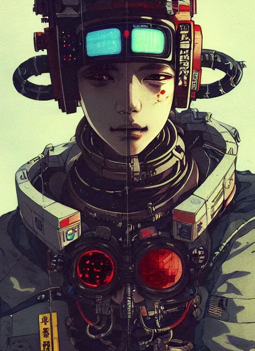 Prompt: a beautiful ukiyo painting of cyberpunk battle space pilot, wearing space techwear, detailed close up portrait, intricate complexity, concept art, by takato yamamoto, wlop, krenz cushart. cinematic dramatic atmosphere, sharp focus