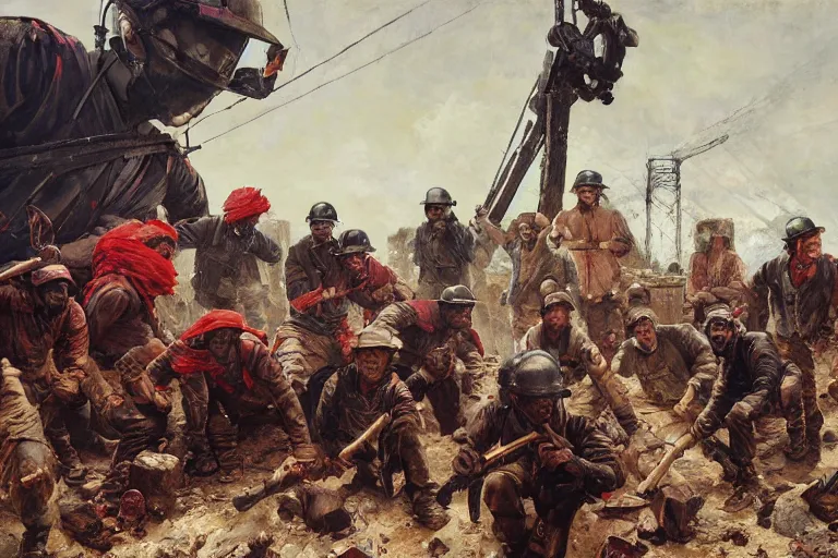 Prompt: intense dramatic still of a ragtag group of miners and factory workers with improvised weapons and firearms and red bandanas around their necks, on the surface of an asteroid, outside of a high tech industrial building, oil painting by charles frederic ulrich, norman rockwell, greg rutkowski, trending on artstation, incredible detail