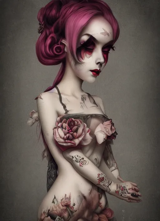 Image similar to pop surrealism, lowbrow art, realistic cute skateboard girl, japanese street fashion, hyper realism, muted colours, rococo, natalie shau, loreta lux, tom bagshaw, mark ryden, trevor brown style,