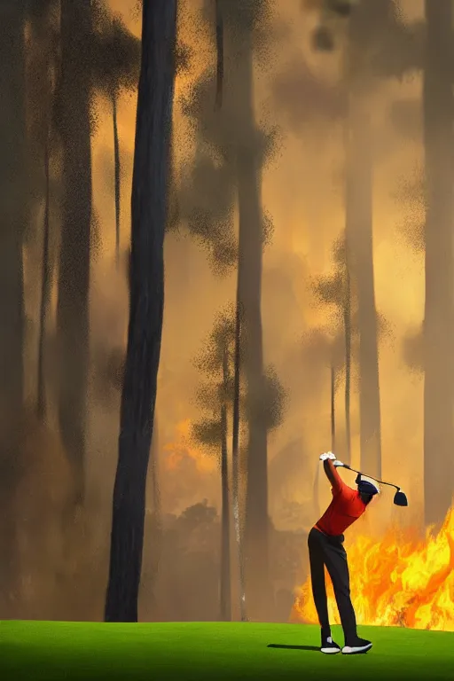 Prompt: close-up of an athletic golf player in a lush golf course with automatic watering, magical lights, golden hour, surrounded by burning forests, smoke from the fire, digital painting, 4k, forest ray light, particles light, by sasha kalinkin, Noah Bradley, ilya kuvshinov