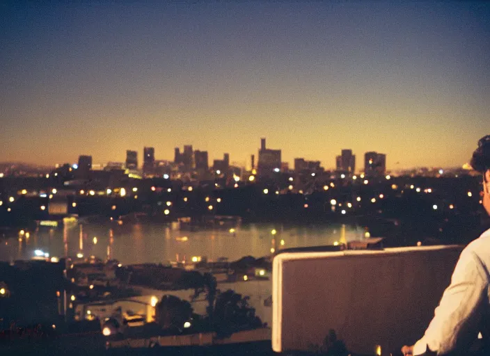 Image similar to film photograph, leica s, kodachrome, rooftop, los angeles, echo park, lake, landscape, blood moon, dusk, man smoking cigarette