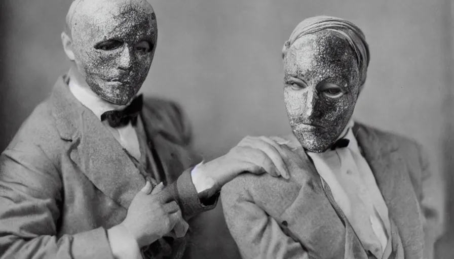 Prompt: he was a burly man in a gentleman's dress. he wore a gray wig on his head, a silver mask on his face, white gloves on his hands, and his exposed skin was a terrible burn