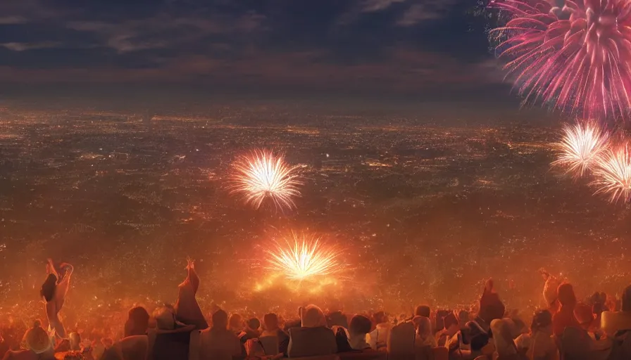 Image similar to people sitting on a hill watching fireworks above los angeles, hyperdetailed, artstation, cgsociety, 8 k