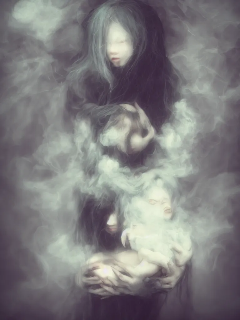 Image similar to cute fumo plush of a cursed frail witch girl held tight in the arms of a ghost, hugging, maternal, melting volumetric smoke and fog, environment map pbr reflective stormy water, goth, vignette, vray
