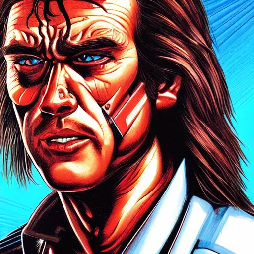 Prompt: close up portrait artwork of man with mullet, half face cyborg. From The Terminator 1984. Artwork by Dan Mumford