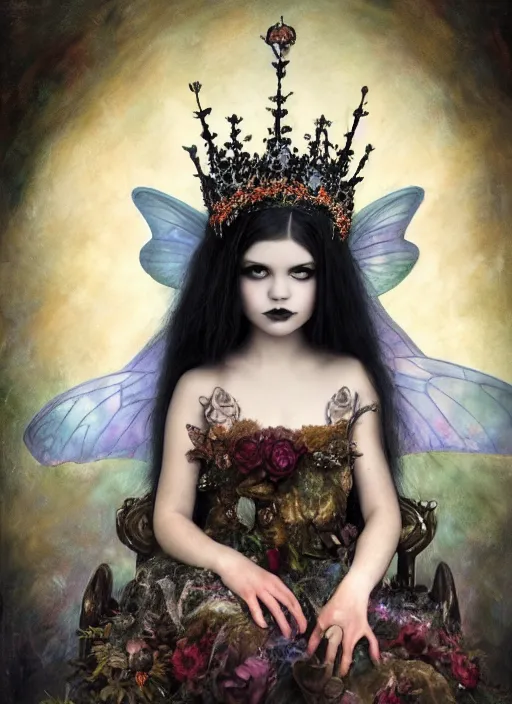 Image similar to highly detailed closeup portrait of a goth fairy princess wearing a crown and sitting on a throne, nicoletta ceccoli, mark ryden, lostfish, earl nore, global illumination, god rays, detailed and intricate environment