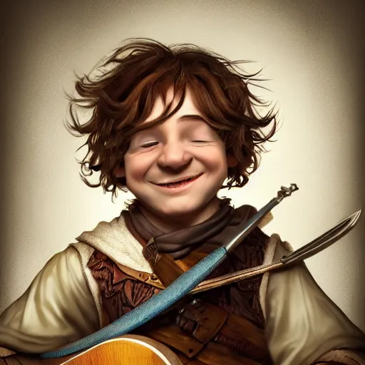 Image similar to hyper realistic portrait of a halfling male, happy, bard, singing, short hair, lute, intricate details, cinematic