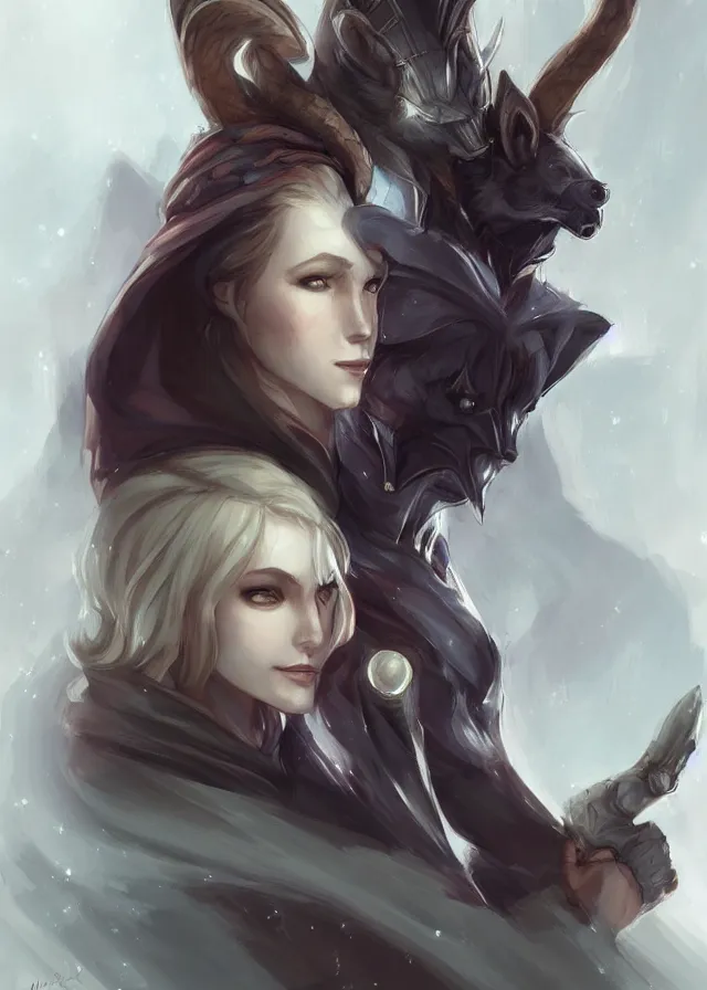 Image similar to a noble knight women with her spirit raccoon resting on her shoulders, by artgerm, charlie bowater, inspired by dragon age inquisition featured on artstation