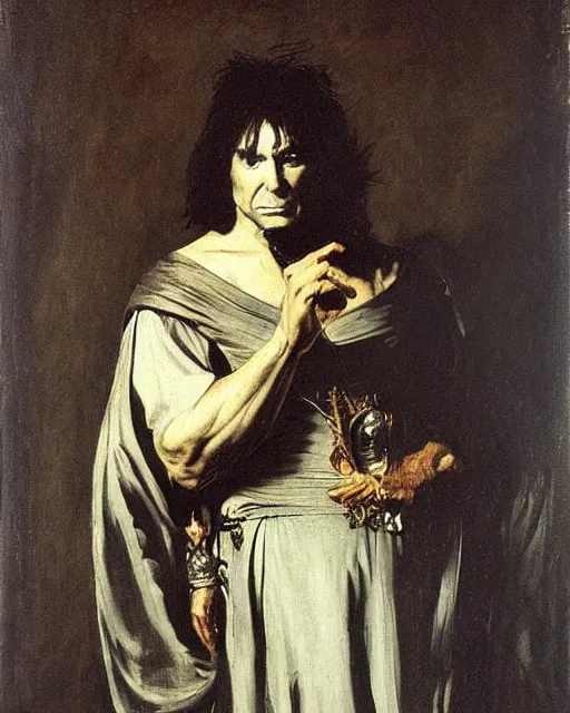 Image similar to Ozzy Osbourne as a royal courtly magician in the 17th century. Baroque portrait in the style of Caravaggio, William Merritt Chase, Goya.