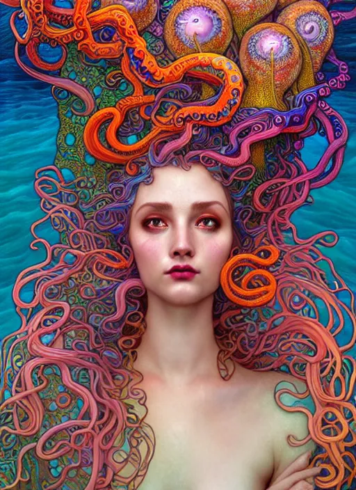 Image similar to A sea goddess with colorful tentacles hair having an colorful enlightening, magic mushrooms, psilocybin, LSD, face, detailed, intricate, elegant, highly detailed, digital painting, artstation, concept art, smooth, sharp focus, illustration, art by Krenz Cushar, Artem Demura, alphonse mucha, Octane render, unreal engine, 8K