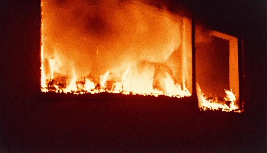 Prompt: 1 9 7 0 s movie still of a burning house windows in a small french village by night, cinestill 8 0 0 t 3 5 mm, heavy grain, high quality, high detail, dramatic light, anamorphic, flares