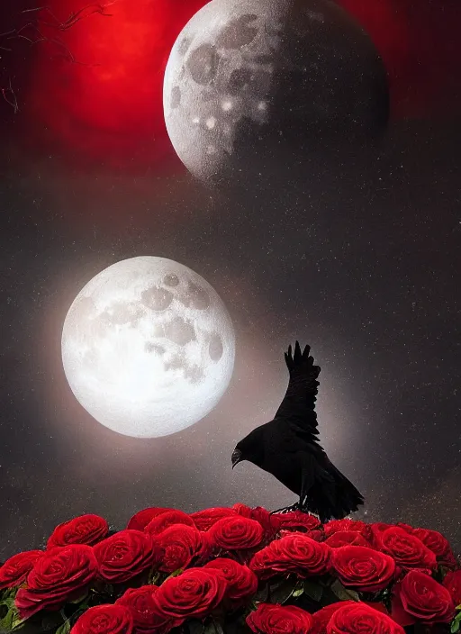 Image similar to Big glowing moon is very important, red and golden color details, portrait, A crow with red eyes in front of the full big moon, book cover, red roses, red white black colors, establishing shot, extremly high detail, foto realistic, cinematic lighting, by Yoshitaka Amano, Ruan Jia, Kentaro Miura, Artgerm, post processed, concept art, artstation, raphael lacoste, alex ross, portrait, A crow with red eyes in front of the full big moon, book cover, red roses, red white black colors, establishing shot, extremly high detail, photo-realistic, cinematic lighting, by Yoshitaka Amano, Ruan Jia, Kentaro Miura, Artgerm, post processed, concept art, artstation, raphael lacoste, alex ross