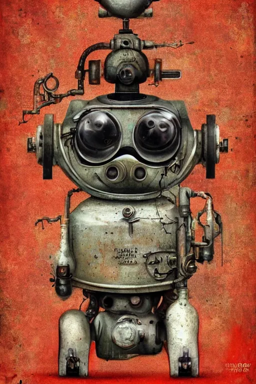 Prompt: reto 1 9 5 0 s robot pug made of rusting metal, valves, dials and chipped ceramic, soviet, magic realism, vintage dieselpunk, vivid colors, by mark ryden, tom bagshaw, trevor brown